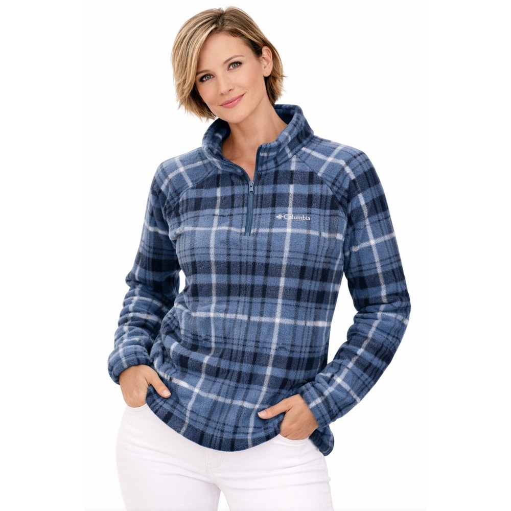 Columbia Fleece Pullover Women XL Blue Plaid Quarter Zip Mock Neck